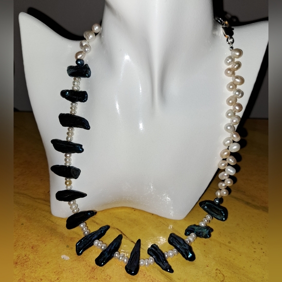 Fancy Teal Biwa Stick & White Freshwater Pearl Necklace, Earring & Bracelet Set